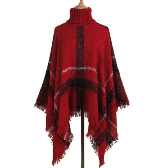 Plaid Poncho Sweater with Turtle Neck ONE SIZE - Picture 2 of 2
